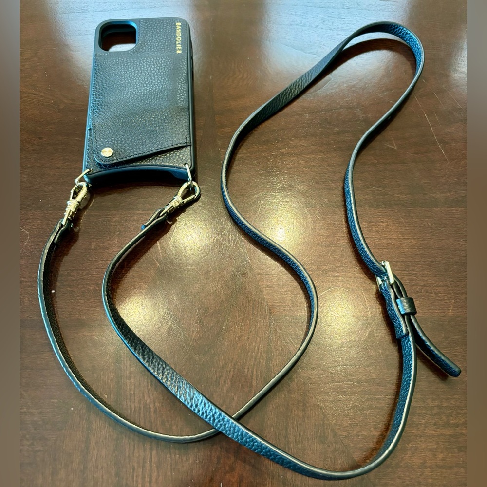 Bandolier iPhone 11 case (black leather, gold clasps)